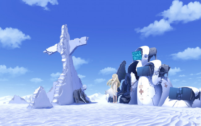 Обои картинки фото аниме, unknown,  другое, скелет, песок, арт, девочка, металлолом, syego