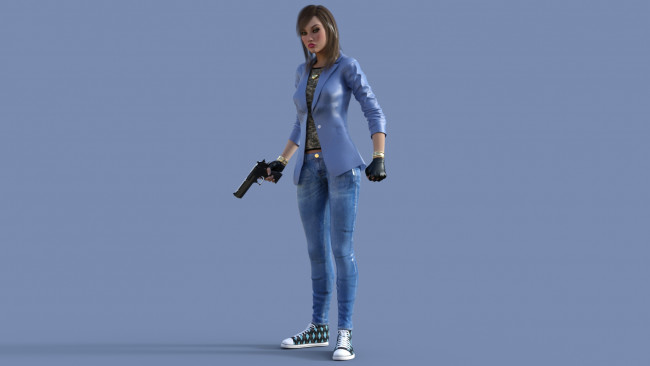 Обои картинки фото 3д графика, люди , people, девушка, взгляд, фон, оружие