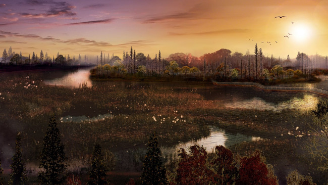 Обои картинки фото 3д графика, природа , nature, река, закат, лес, облака