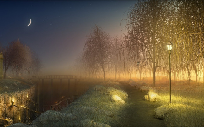 Обои картинки фото 3д графика, природа , nature, ночь, свет, фонари