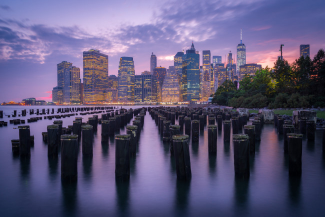 Обои картинки фото senset at manhattan, города, нью-йорк , сша, рассвет