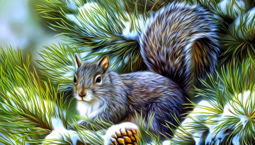 Картинка разное компьютерный+дизайн белка живопись сосновая ветка зима рендеринг снег хвоя рисунок пушистый хвост