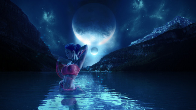 Обои картинки фото разное, компьютерный дизайн, девушка, фон, озеро, луна