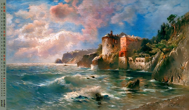 Обои картинки фото календари, рисованные,  векторная графика, камни, замок, водоем