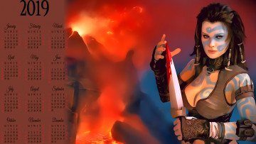 Картинка календари фэнтези девушка оружие раскраска узор