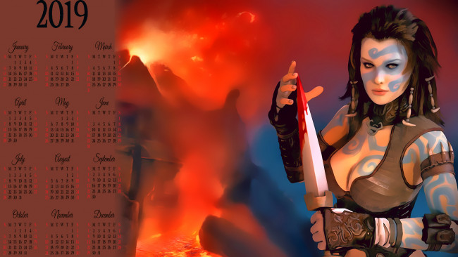 Обои картинки фото календари, фэнтези, девушка, оружие, раскраска, узор