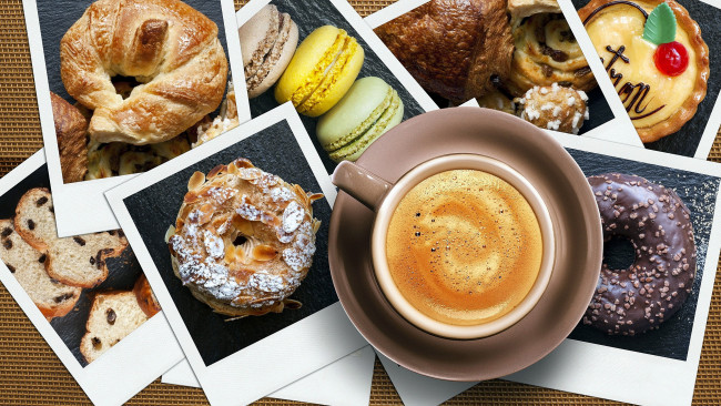 Обои картинки фото еда, кофе,  кофейные зёрна, фото, сдоба