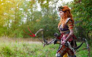 Картинка девушки -+креатив +косплей рыжая лучница лук костюм природа