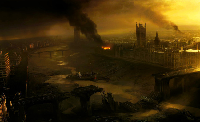 Обои картинки фото видео игры, killer freaks from outer space, лондон, пожар, мост, корабль, река, разрушения