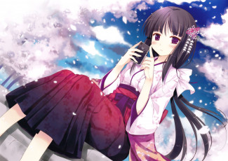 Картинка аниме *unknown другое длинные волосы чёрные девушка фиолетовые глаза лепестки японская одежда сакура iphone