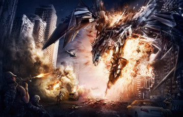 Картинка авт yvan feusi фэнтези роботы киборги механизмы город вертолёт авто бой transformer