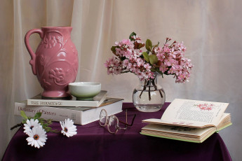 Картинка цветы разные вместе кувшин книги очки ветки диморфотеки