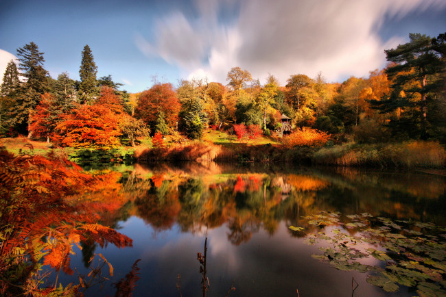 Обои картинки фото пейзаж, природа, реки, озера, осень, парк, пруд, беседка