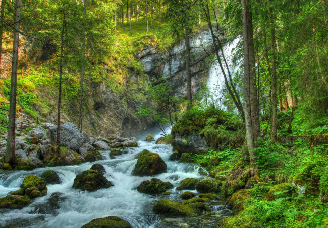 Обои картинки фото природа, водопады, лес, речка, камни, мох, трава