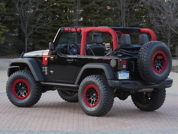 Обои картинки фото автомобили, jeep, темный, 2014, wrangler, jk, concept, level, red