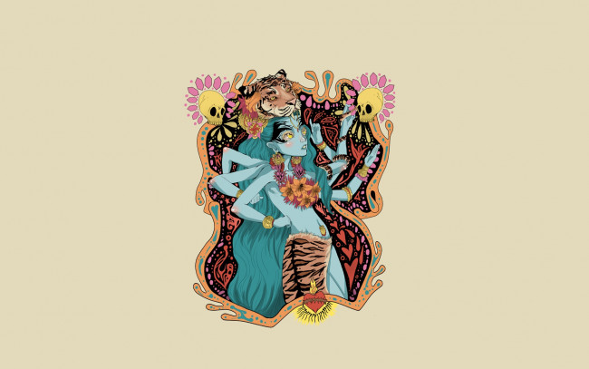 Обои картинки фото рисованные, минимализм, девушка, тигр, черепа