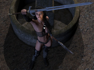 Картинка 3д+графика фантазия+ fantasy взгляд девушка фон оружие