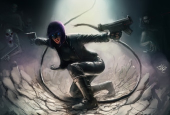 Картинка фэнтези девушки ghost in the shell арт монстры свет темно оружие девушка