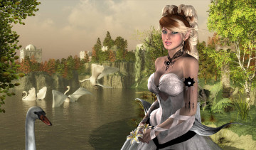 Картинка 3д+графика люди+ people взгляд лебеди фон девушка