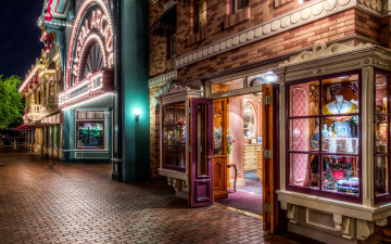 Картинка города диснейленд сша калифорния анахайм парк улица дома витрины ночь огни