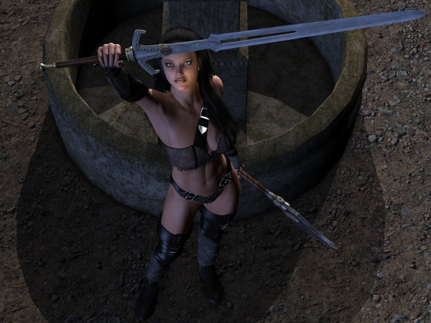 Обои картинки фото 3д графика, фантазия , fantasy, взгляд, девушка, фон, оружие