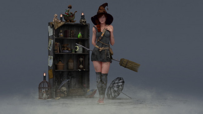 Обои картинки фото 3д графика, праздники , holidays, фон, взгляд, девушка, метла, свечи, шляпа, зелья