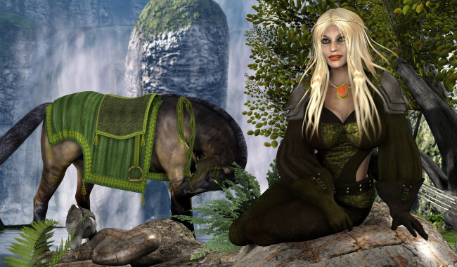 Обои картинки фото 3д графика, люди , people, девушка, взгляд, фон, блондинка, гусь, деревья, горы, лошадь