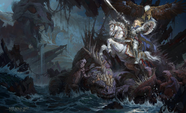 Обои картинки фото фэнтези, существа, море, скалы, монстры, оружие, конь, арт, воин, всадник