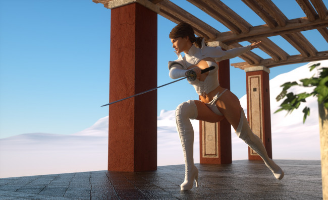 Обои картинки фото 3д графика, фантазия , fantasy, фон, взгляд, оружие, девушка