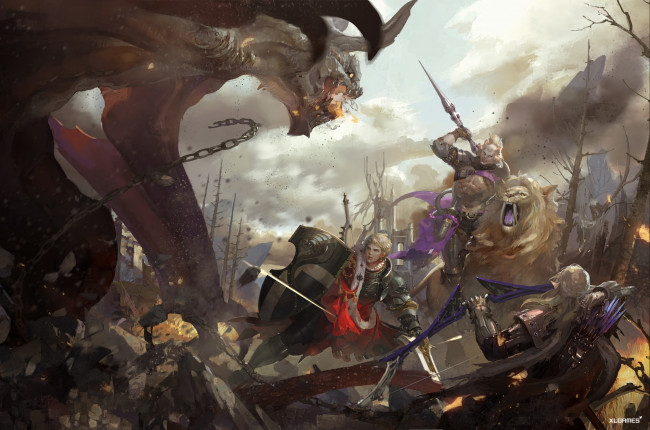 Обои картинки фото фэнтези, существа, лев, оружие, войны, монстр, битва, арт