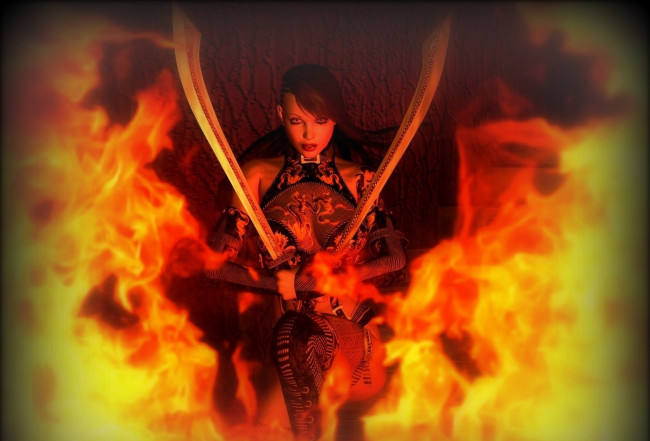 Обои картинки фото 3д графика, фантазия , fantasy, оружие, фон, взгляд, девушка