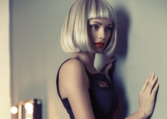 Обои картинки фото девушки, -unsort , блондинки, стена, взгляд, млдель, девушка, рука, челка, стрижка, красные, губы, макияж, лицо, профиль