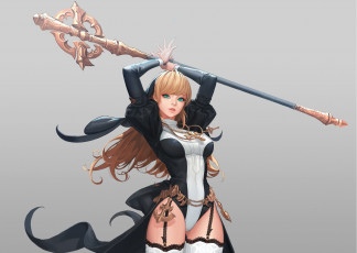 Картинка аниме оружие +техника +технологии арт девушка взгляд поза фон