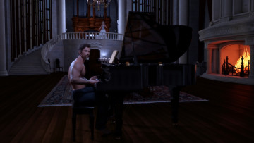 Картинка 3д+графика люди+ people пианино мужчина девушка интерьер фон взгляд