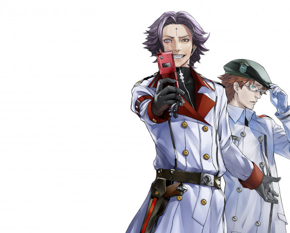 Обои картинки фото аниме, guilty crown, парни, телефон, учёный