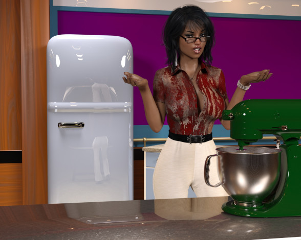 Обои картинки фото 3д графика, люди , people, девушка, взгляд, фон, кухня