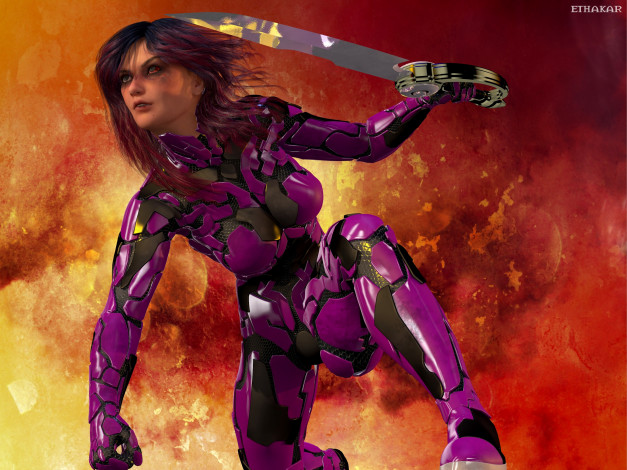 Обои картинки фото 3д графика, фантазия , fantasy, девушка, взгляд, фон, оружие