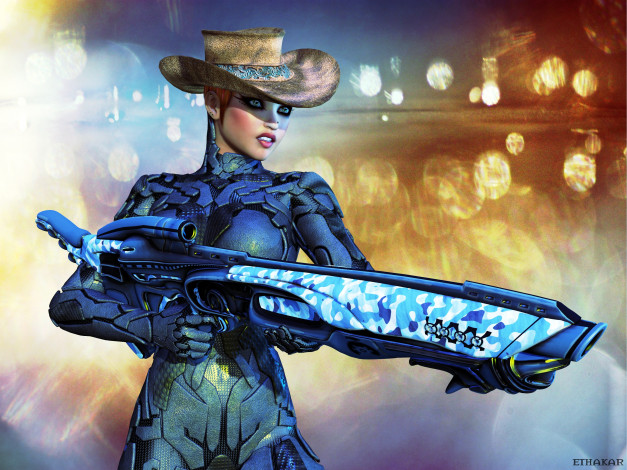 Обои картинки фото 3д графика, фантазия , fantasy, девушка, взгляд, фон, оружие