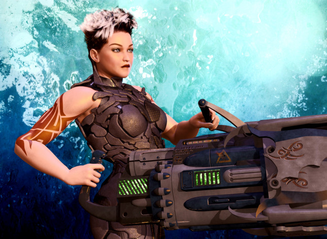 Обои картинки фото 3д графика, фантазия , fantasy, девушка, взгляд, фон, оружие