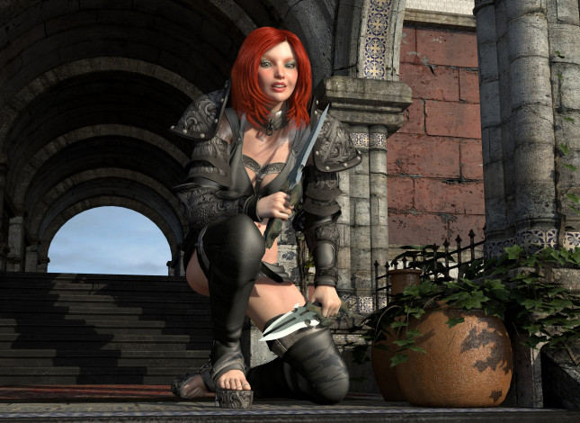 Обои картинки фото 3д графика, амазонки , amazon, девушка, взгляд, оружие, фон