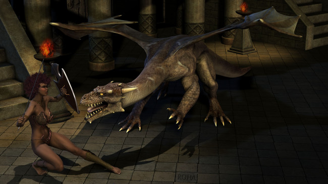 Обои картинки фото 3д графика, фантазия , fantasy, дракон, фон, оружие, взгляд, девушка