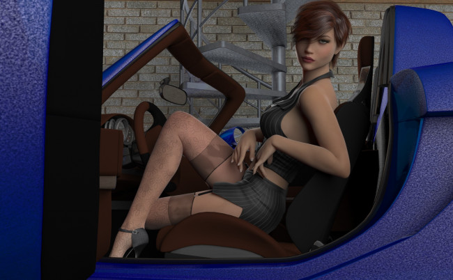 Обои картинки фото 3д графика, люди-авто, мото , people- car ,  moto, автомобиль, фон, взгляд, девушка