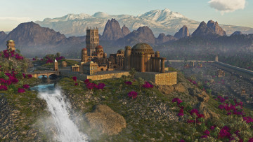 Картинка 3д+графика архитектура+ architecture замок горы река мост