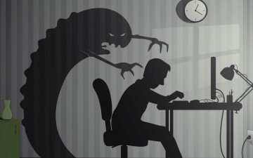 Картинка векторная+графика мультфильмы+ cartoons стена человек монстр часы силуэт компьютер