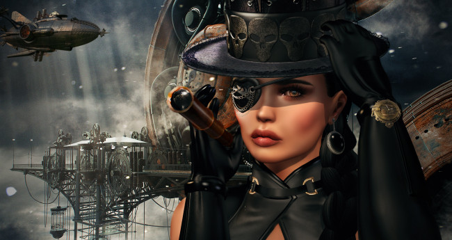 Обои картинки фото 3д графика, фантазия , fantasy, стимпанк, девушка, лицо, фон, взгляд
