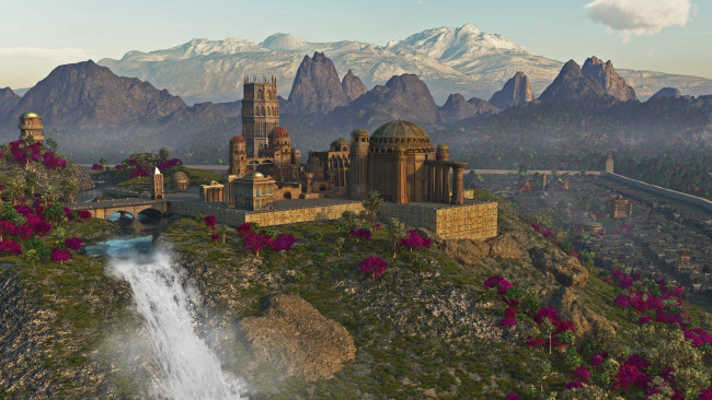 Обои картинки фото 3д графика, архитектура , architecture, замок, горы, река, мост