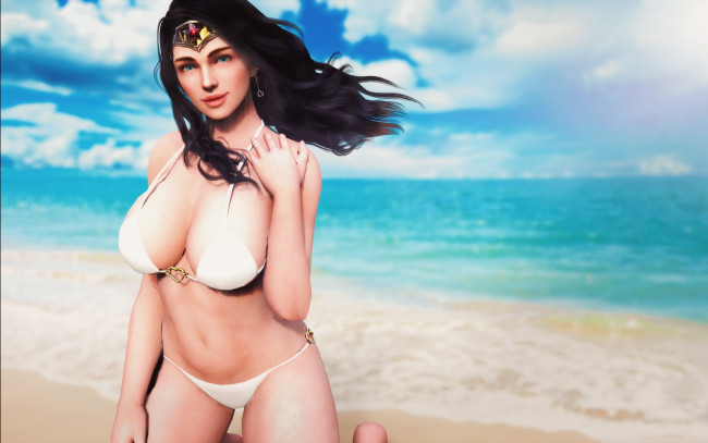 Обои картинки фото 3д графика, фантазия , fantasy, море, купальник, взгляд, фон, девушка