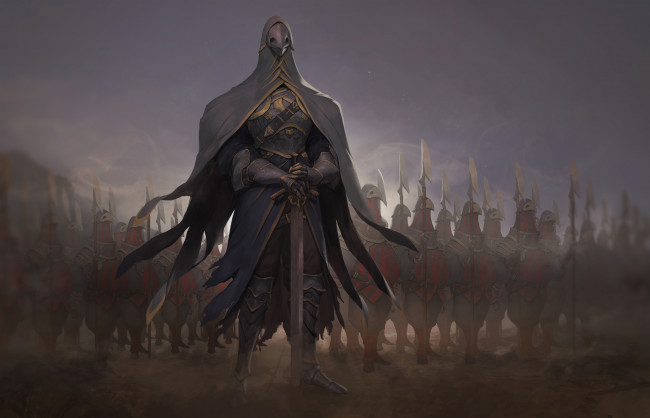 Обои картинки фото фэнтези, существа, униформа, меч, фон, существо