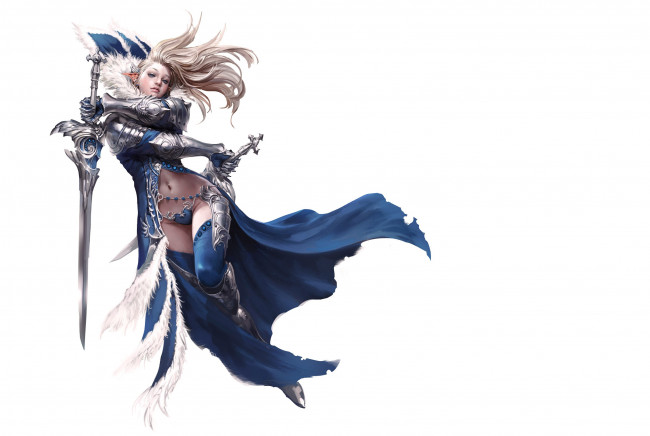 Обои картинки фото фэнтези, эльфы, оружие, фэнтази, эльфийка, фон, девушка, мечи, взгляд