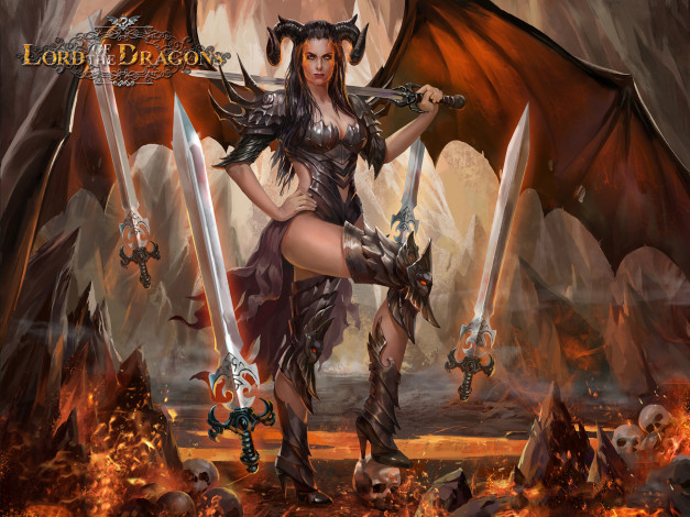 Обои картинки фото видео игры, ~~~другое~~~, девушка, фон, взгляд, крылья, рога, меч